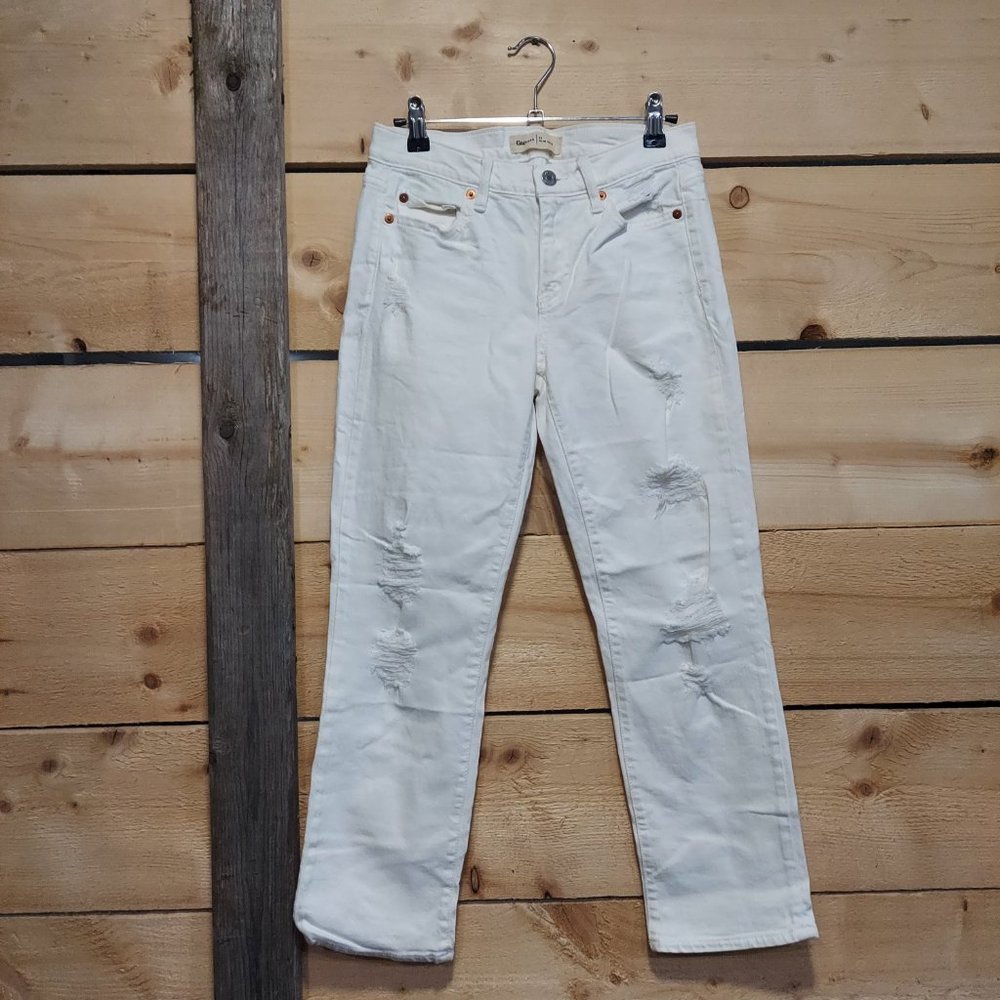 Slim Crop Distressed White Jeans